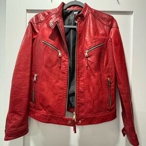 Women's Red Leather Zip-Front Moto Jacket purchased in Italy. Never worn.